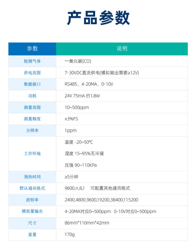 一氧化碳传感器 产品参数